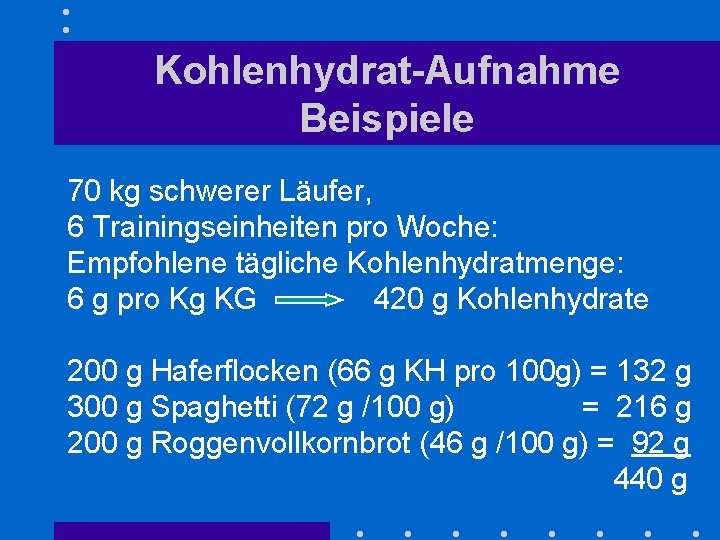 Kohlenhydrat-Aufnahme Beispiele 70 kg schwerer Läufer, 6 Trainingseinheiten pro Woche: Empfohlene tägliche Kohlenhydratmenge: 6