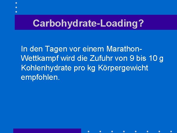 Carbohydrate-Loading? In den Tagen vor einem Marathon. Wettkampf wird die Zufuhr von 9 bis