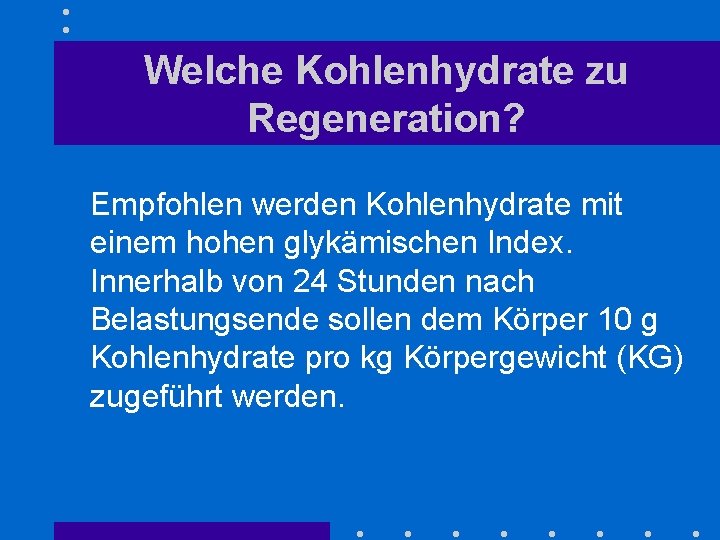 Welche Kohlenhydrate zu Regeneration? Empfohlen werden Kohlenhydrate mit einem hohen glykämischen Index. Innerhalb von