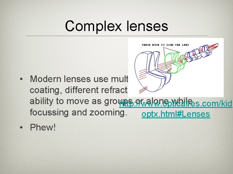 Complex lenses • Modern lenses use multiple elements with coating, different refractive indices and Complex lenses • Modern lenses use multiple elements with coating, different refractive indices and