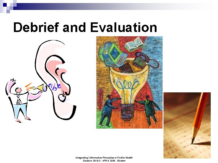 Debrief and Evaluation Integrating Informatics Principles in Public Health Session 2018. 0 - APHA