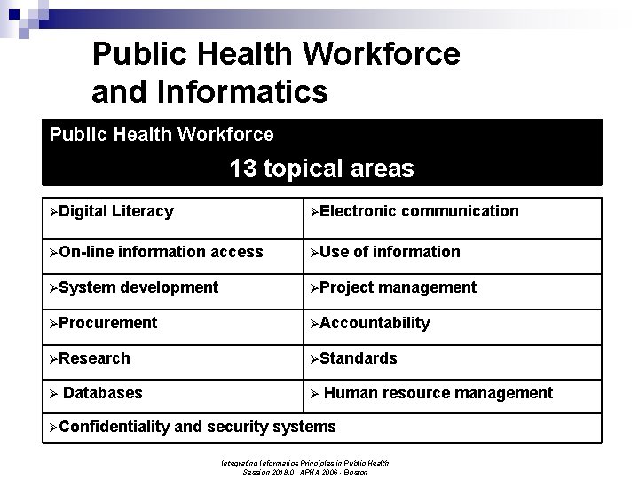 Public Health Workforce and Informatics Public Health Workforce 13 topical areas Digital Literacy Electronic