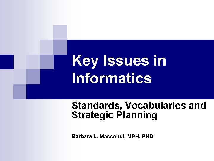 Key Issues in Informatics Standards, Vocabularies and Strategic Planning Barbara L. Massoudi, MPH, PHD
