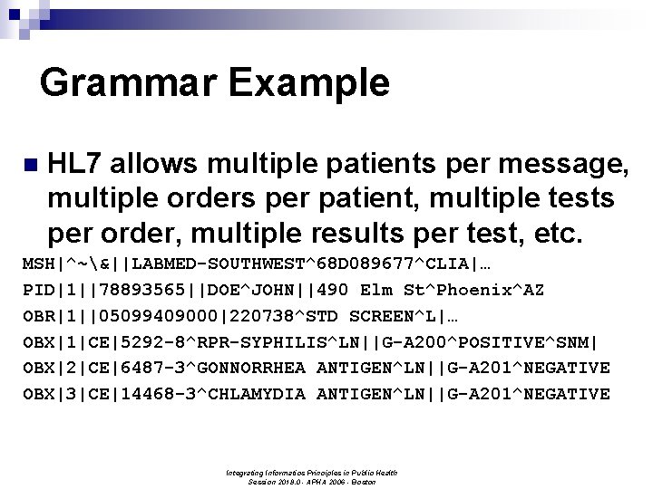 Grammar Example n HL 7 allows multiple patients per message, multiple orders per patient,