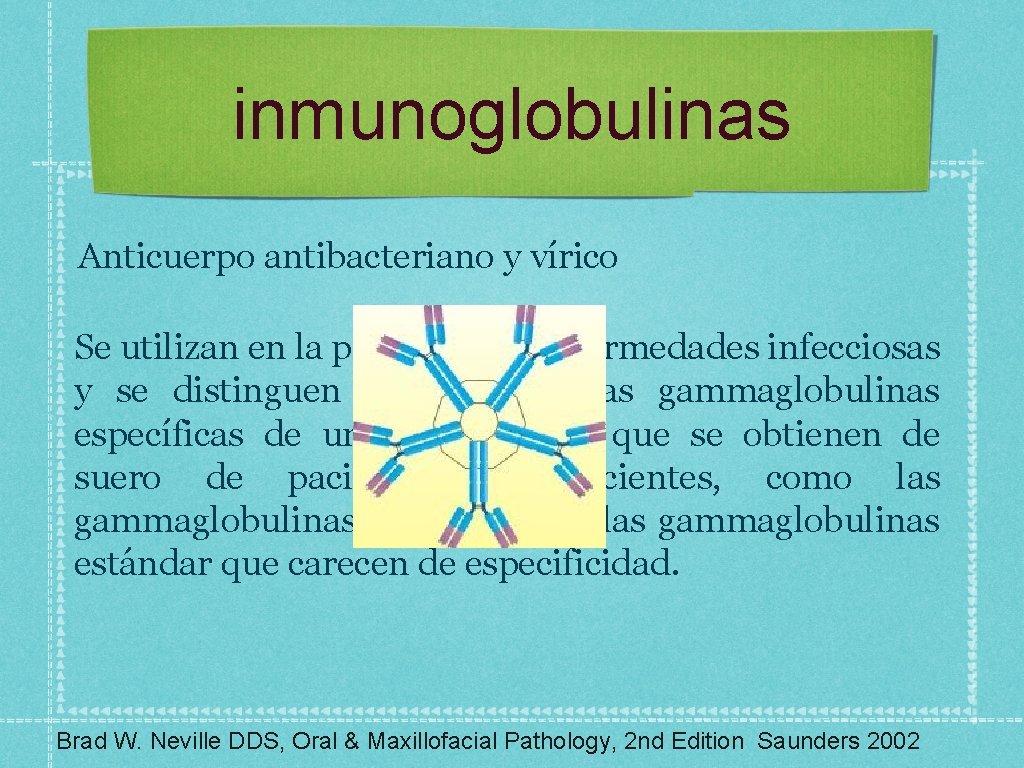 inmunoglobulinas Anticuerpo antibacteriano y vírico Se utilizan en la profilaxis de enfermedades infecciosas y