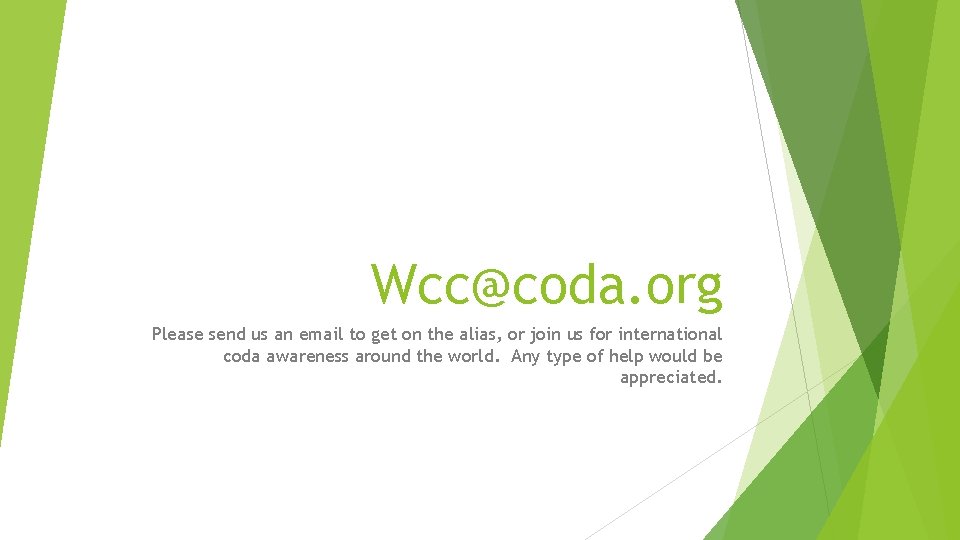 Wcc@coda. org Please send us an email to get on the alias, or join