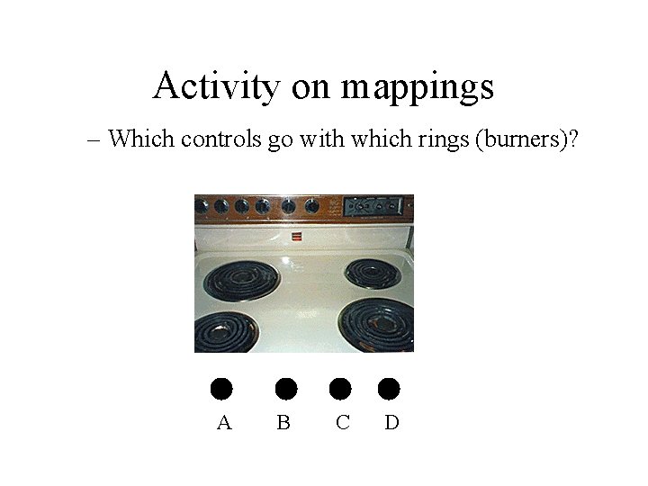 Activity on mappings – Which controls go with which rings (burners)? A B C