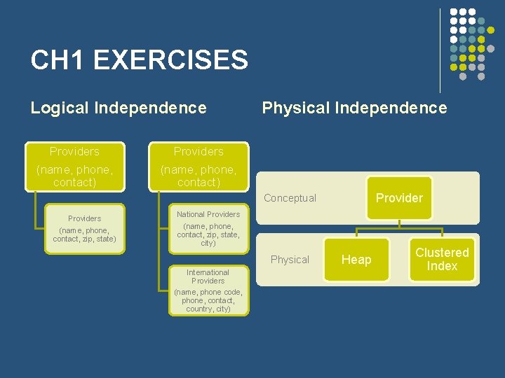 CH 1 EXERCISES Logical Independence Providers (name, phone, contact) Physical Independence Providers (name, phone,