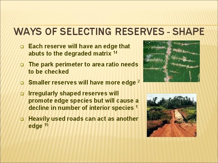 WAYS OF SELECTING RESERVES - SHAPE q Each reserve will have an edge that