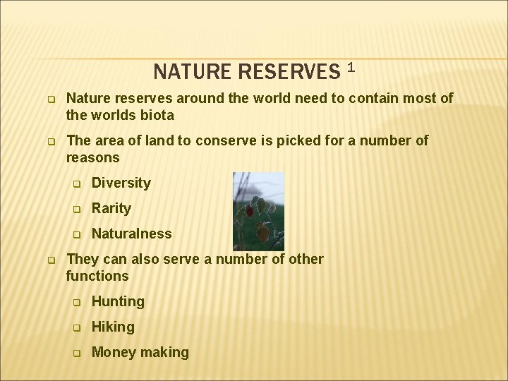 NATURE RESERVES 1 q Nature reserves around the world need to contain most of