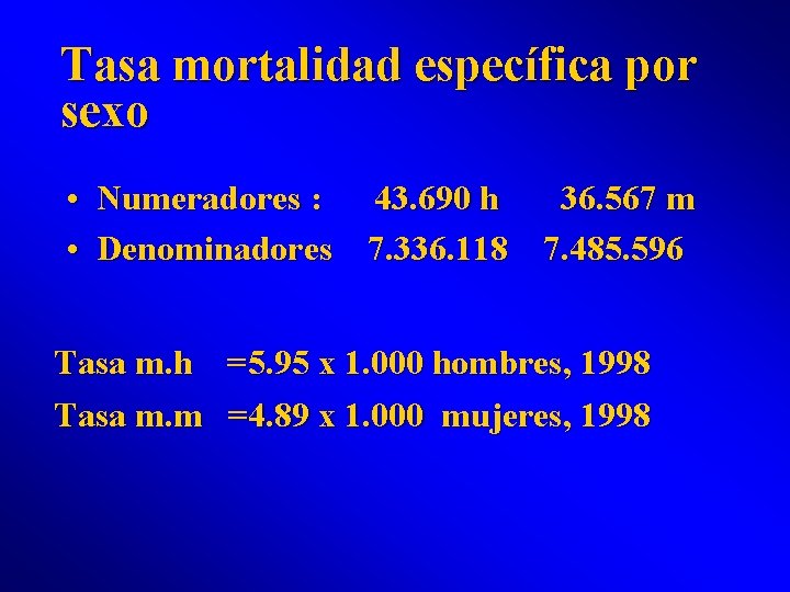 Tasa mortalidad específica por sexo • Numeradores : 43. 690 h 36. 567 m