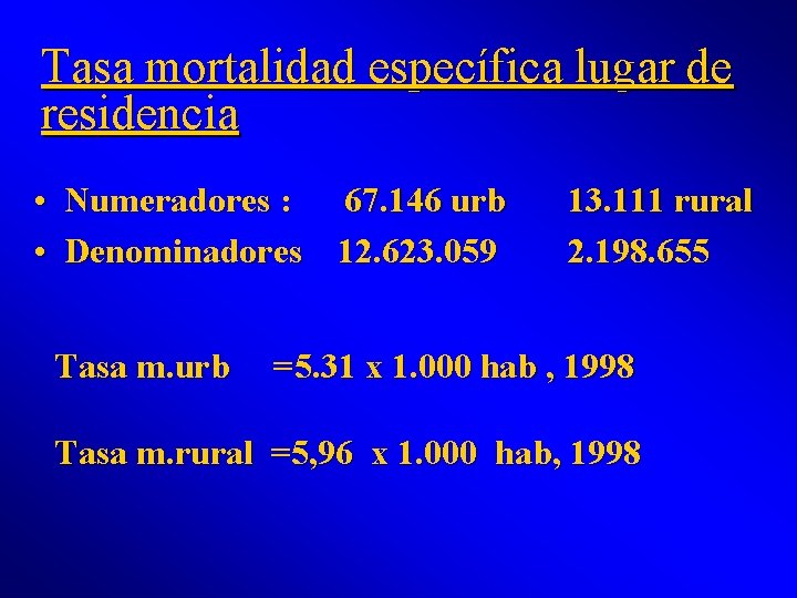 Tasa mortalidad específica lugar de residencia • Numeradores : 67. 146 urb • Denominadores