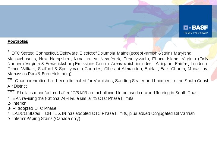 Footnotes * OTC States: Connecticut, Delaware, District of Columbia, Maine (except varnish & stain),