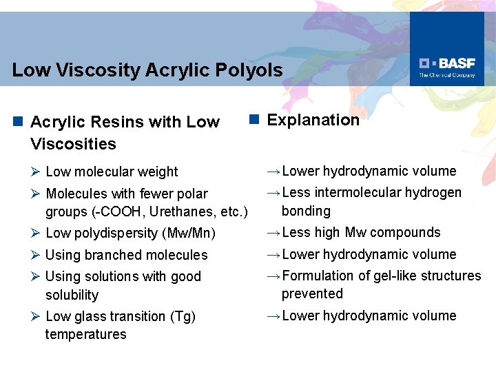 Low Viscosity Acrylic Polyols n Acrylic Resins with Low Viscosities n Explanation Ø Low