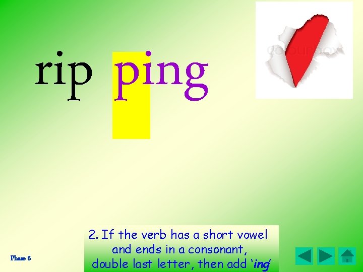 rip ping Phase 6 2. If the verb has a short vowel and ends rip ping Phase 6 2. If the verb has a short vowel and ends
