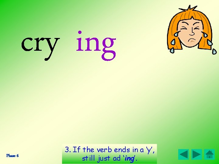 cry ing Phase 6 3. If the verb ends in a ‘y’, still just cry ing Phase 6 3. If the verb ends in a ‘y’, still just