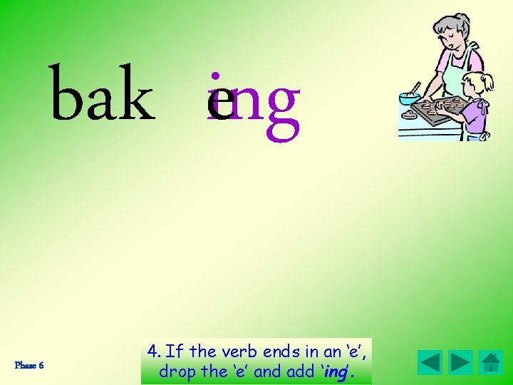 bak ing e Phase 6 4. If the verb ends in an ‘e’, drop bak ing e Phase 6 4. If the verb ends in an ‘e’, drop