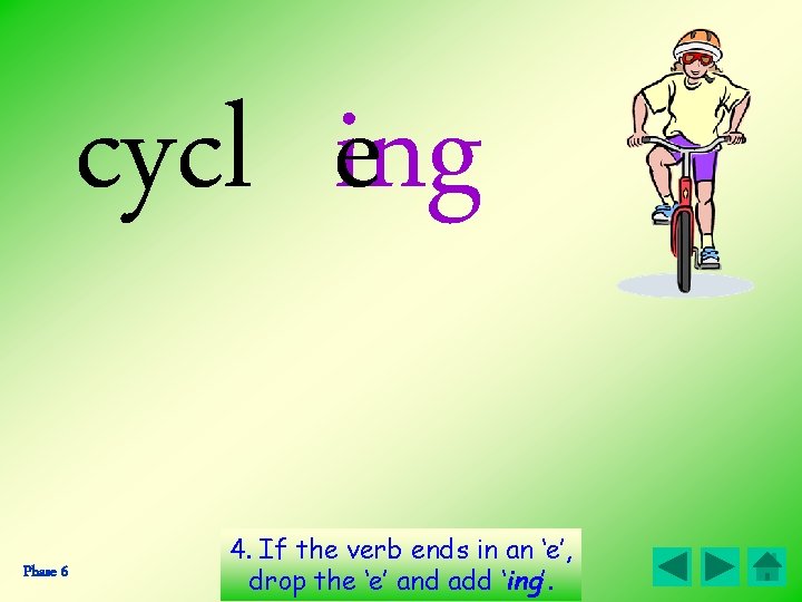 cycl ing e Phase 6 4. If the verb ends in an ‘e’, drop cycl ing e Phase 6 4. If the verb ends in an ‘e’, drop