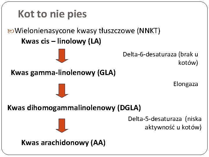 Kot to nie pies Wielonienasycone kwasy tłuszczowe (NNKT) Kwas cis – linolowy (LA) Delta-6