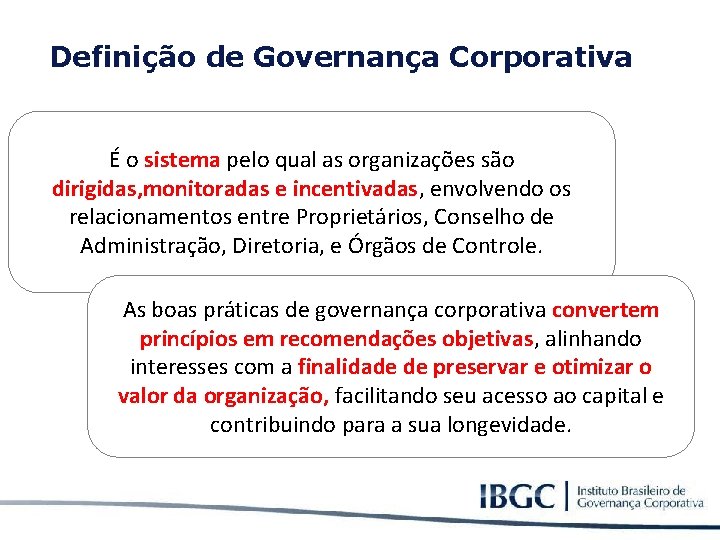 Definição de Governança Corporativa É o sistema pelo qual as organizações são dirigidas, monitoradas