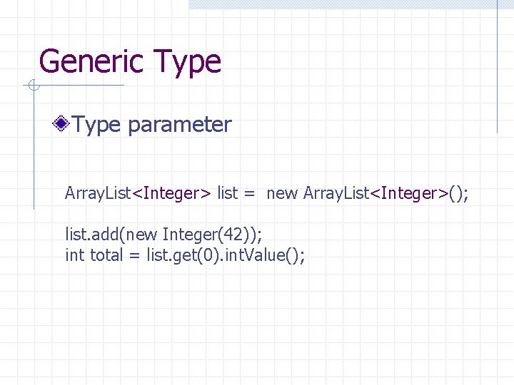 Generic Type parameter Array. List<Integer> list = new Array. List<Integer>(); list. add(new Integer(42)); int