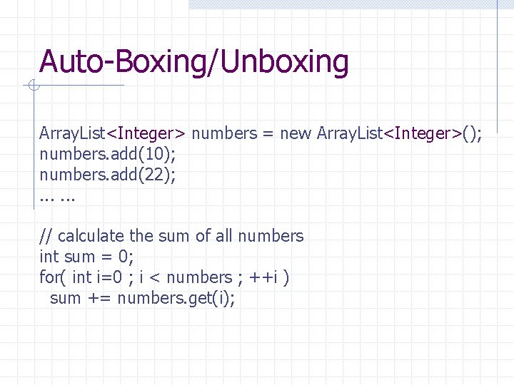 Auto-Boxing/Unboxing Array. List<Integer> numbers = new Array. List<Integer>(); numbers. add(10); numbers. add(22); . . Auto-Boxing/Unboxing Array. List<Integer> numbers = new Array. List<Integer>(); numbers. add(10); numbers. add(22); . .