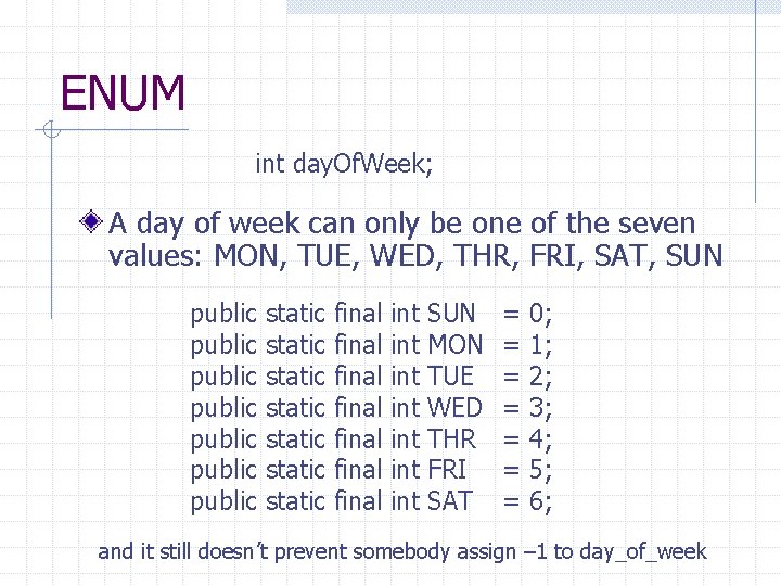 ENUM int day. Of. Week; A day of week can only be one of ENUM int day. Of. Week; A day of week can only be one of