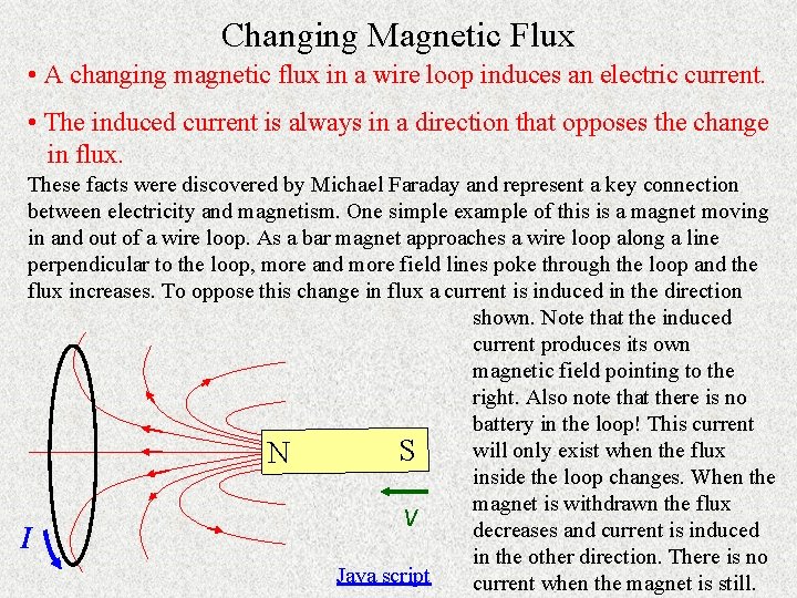Changing Magnetic Flux • A changing magnetic flux in a wire loop induces an