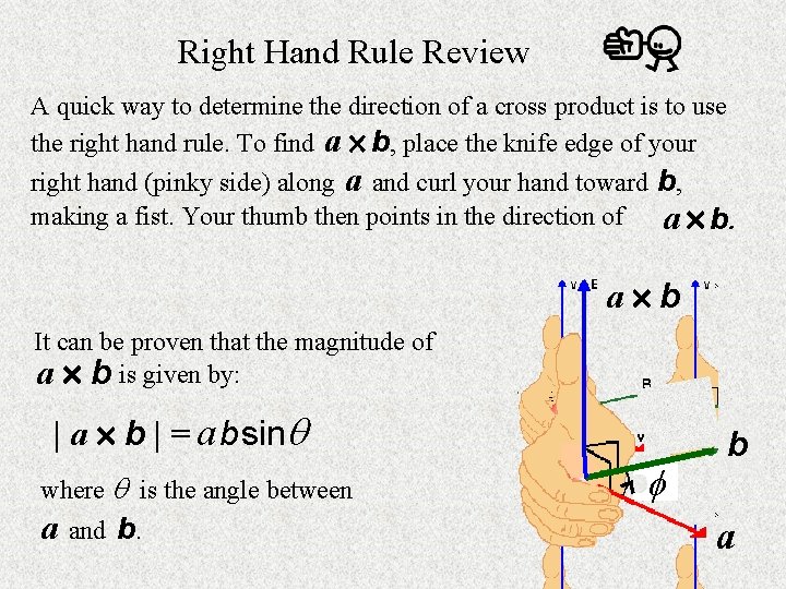 Right Hand Rule Review A quick way to determine the direction of a cross