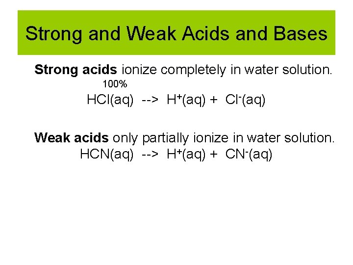 Strong and Weak Acids and Bases Strong acids ionize completely in water solution. 100%