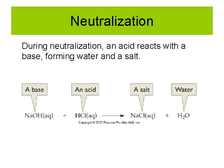 Neutralization During neutralization, an acid reacts with a base, forming water and a salt.
