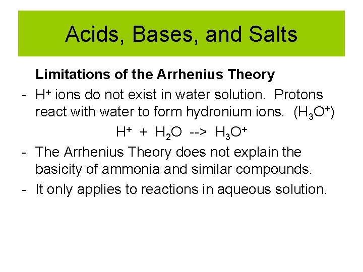 Acids, Bases, and Salts Limitations of the Arrhenius Theory - H+ ions do not