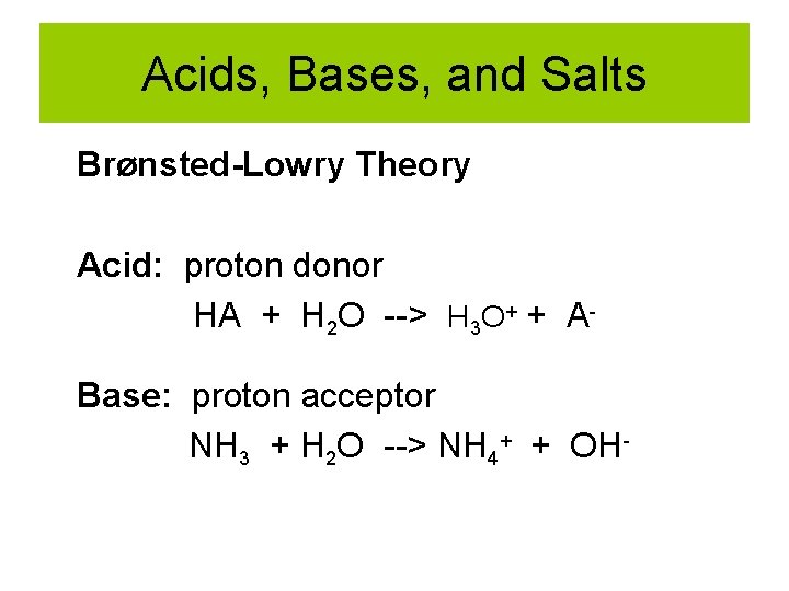 Acids, Bases, and Salts Brønsted-Lowry Theory Acid: proton donor HA + H 2 O