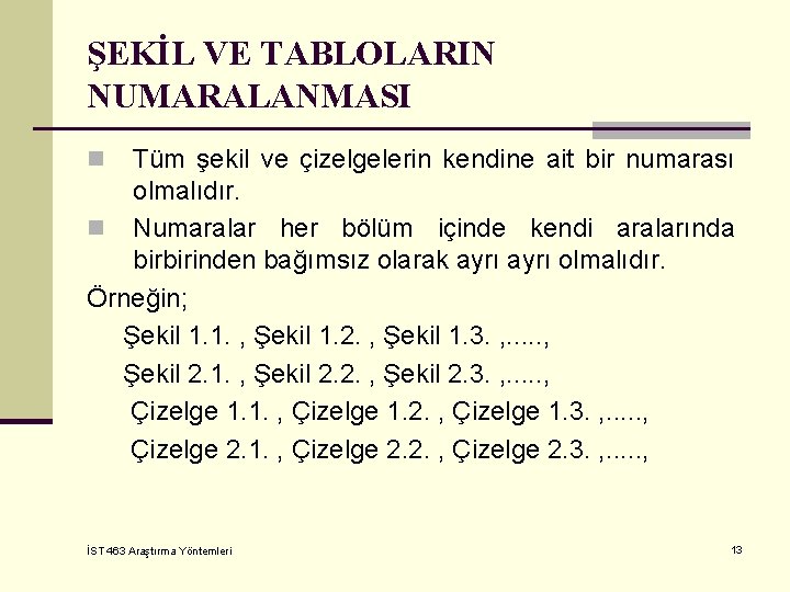 ŞEKİL VE TABLOLARIN NUMARALANMASI Tüm şekil ve çizelgelerin kendine ait bir numarası olmalıdır. n