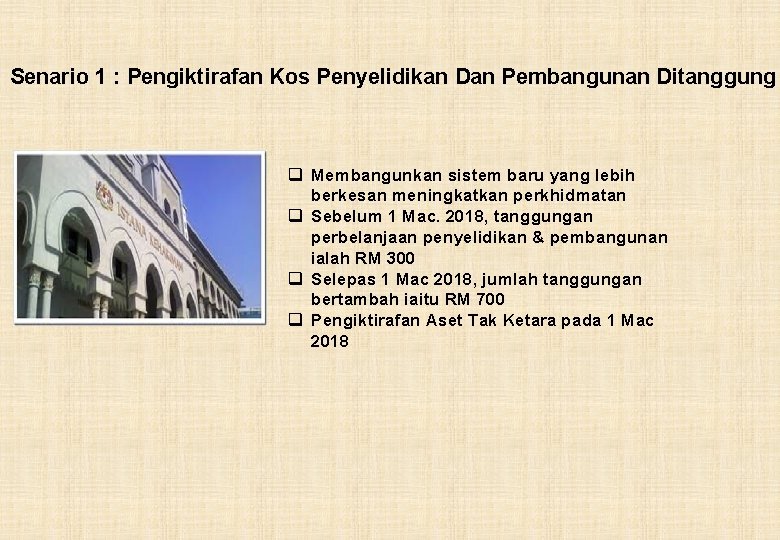 Senario 1 : Pengiktirafan Kos Penyelidikan Dan Pembangunan Ditanggung q Membangunkan sistem baru yang
