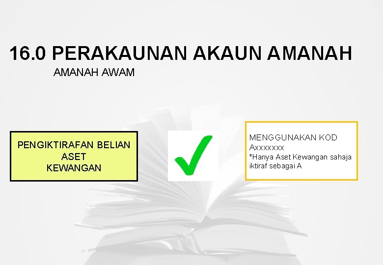 16. 0 PERAKAUNAN AKAUN AMANAH AWAM PENGIKTIRAFAN BELIAN ASET KEWANGAN MENGGUNAKAN KOD Axxxxxxx *Hanya