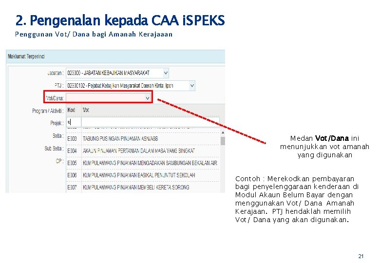 2. Pengenalan kepada CAA i. SPEKS Penggunan Vot/ Dana bagi Amanah Kerajaaan Medan Vot/Dana