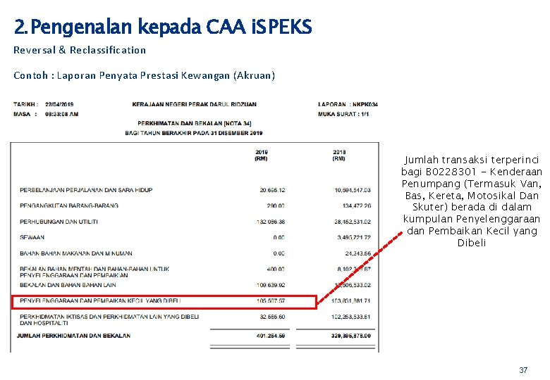 2. Pengenalan kepada CAA i. SPEKS Reversal & Reclassification Contoh : Laporan Penyata Prestasi