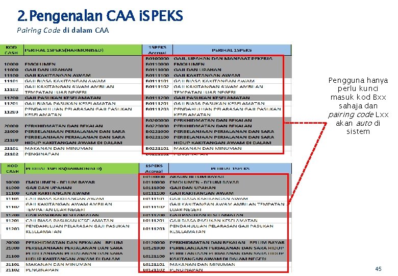 2. Pengenalan CAA i. SPEKS Pairing Code di dalam CAA Jenis Akaun B Kelas