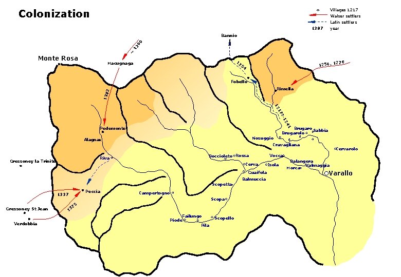 Villages 1217 Walser settlers Colonization Latin settlers year 1387 ~ 12 60 Bannio Monte