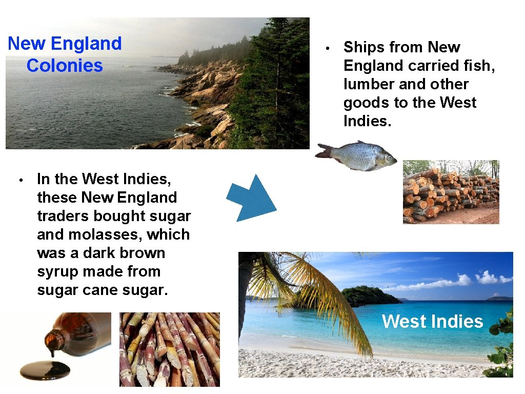 New England Colonies • • Ships from New England carried fish, lumber and other