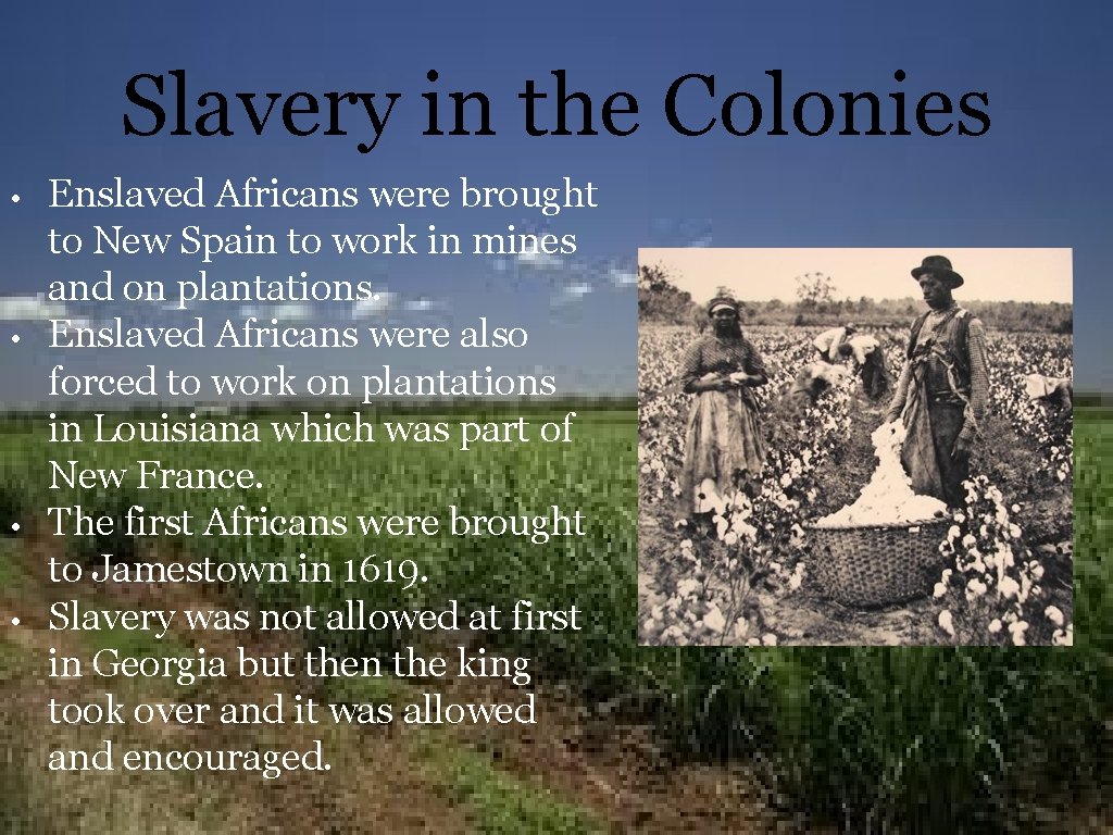 Slavery in the Colonies • • Enslaved Africans were brought to New Spain to