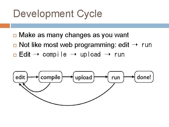 Development Cycle Make as many changes as you want Not like most web programming: