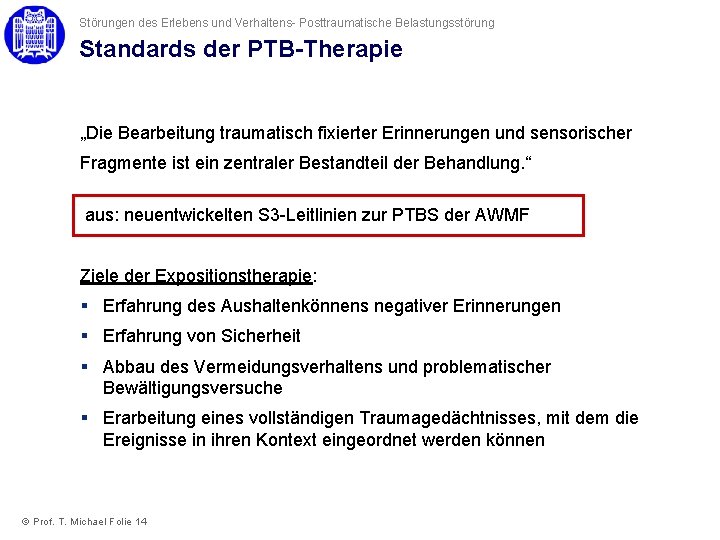 Störungen des Erlebens und Verhaltens- Posttraumatische Belastungsstörung Standards der PTB-Therapie „Die Bearbeitung traumatisch fixierter