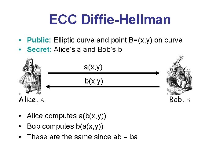 ECC Diffie-Hellman • Public: Elliptic curve and point B=(x, y) on curve • Secret:
