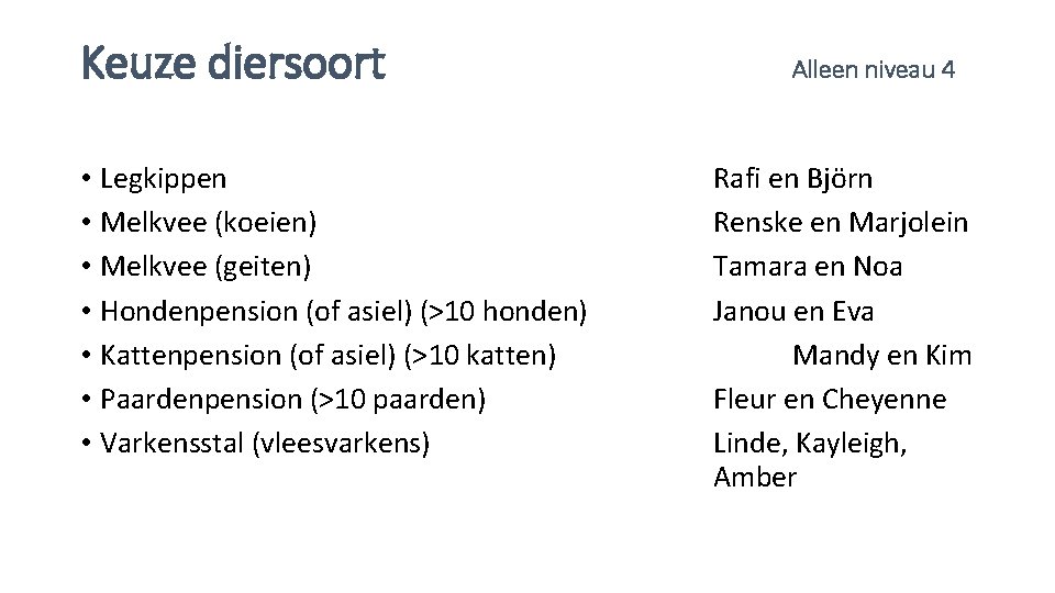 Keuze diersoort • Legkippen • Melkvee (koeien) • Melkvee (geiten) • Hondenpension (of asiel)