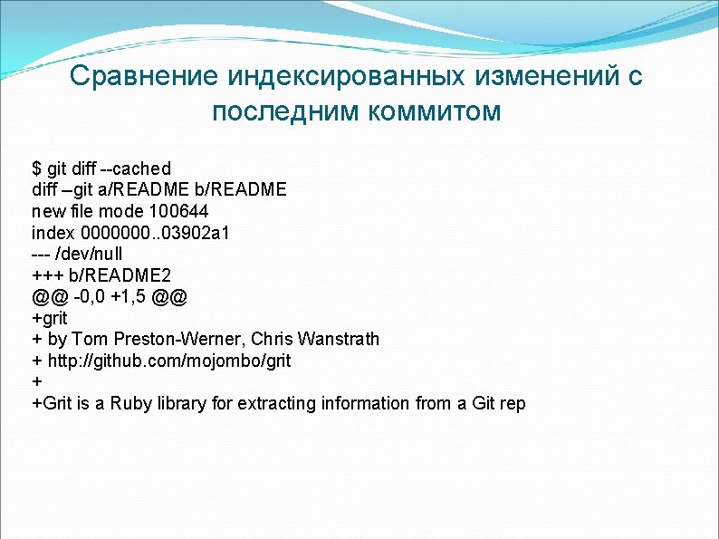 Сравнение индексированных изменений с последним коммитом $ git diff --cached diff --git a/README b/README Сравнение индексированных изменений с последним коммитом $ git diff --cached diff --git a/README b/README