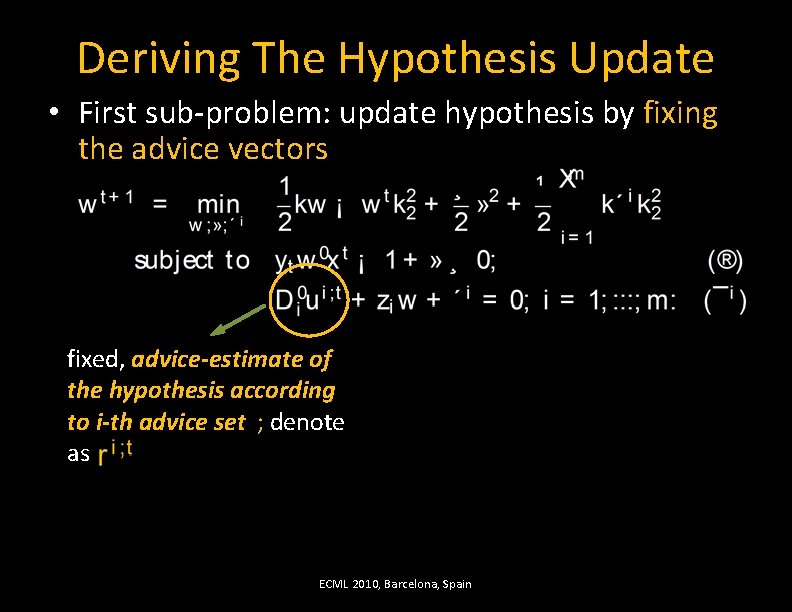 Deriving The Hypothesis Update • First sub-problem: update hypothesis by fixing the advice vectors