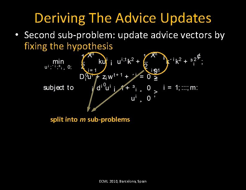 Deriving The Advice Updates • Second sub-problem: update advice vectors by fixing the hypothesis