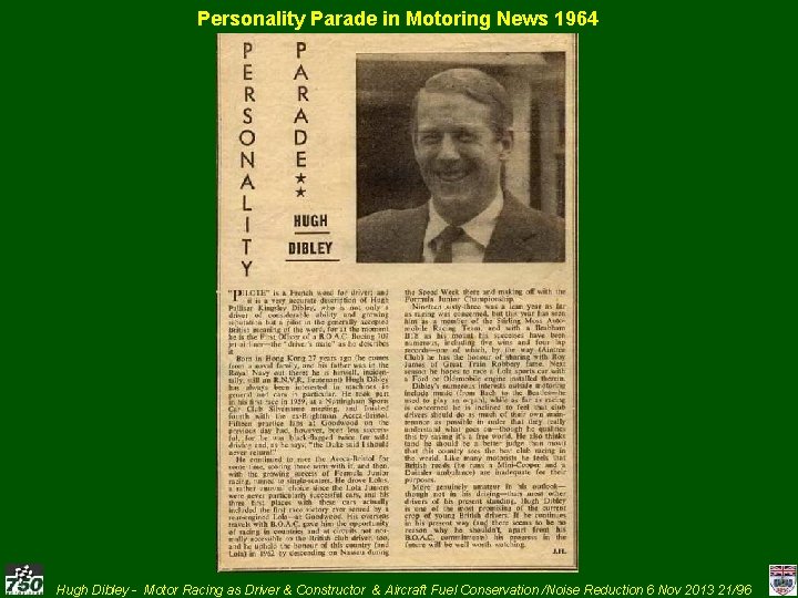 Personality Parade in Motoring News 1964 Hugh Dibley - Motor Racing as Driver &